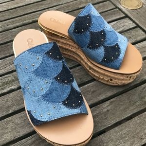 Chloe Cork and Patchwork Denim Wedge Sandal